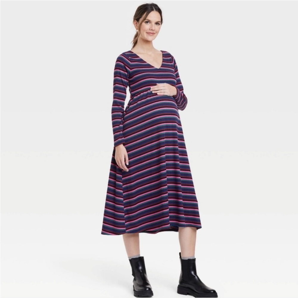 The Nines by Hatch Striped Ribbed Midi Maternity Dress Pink Purple Burgundy M